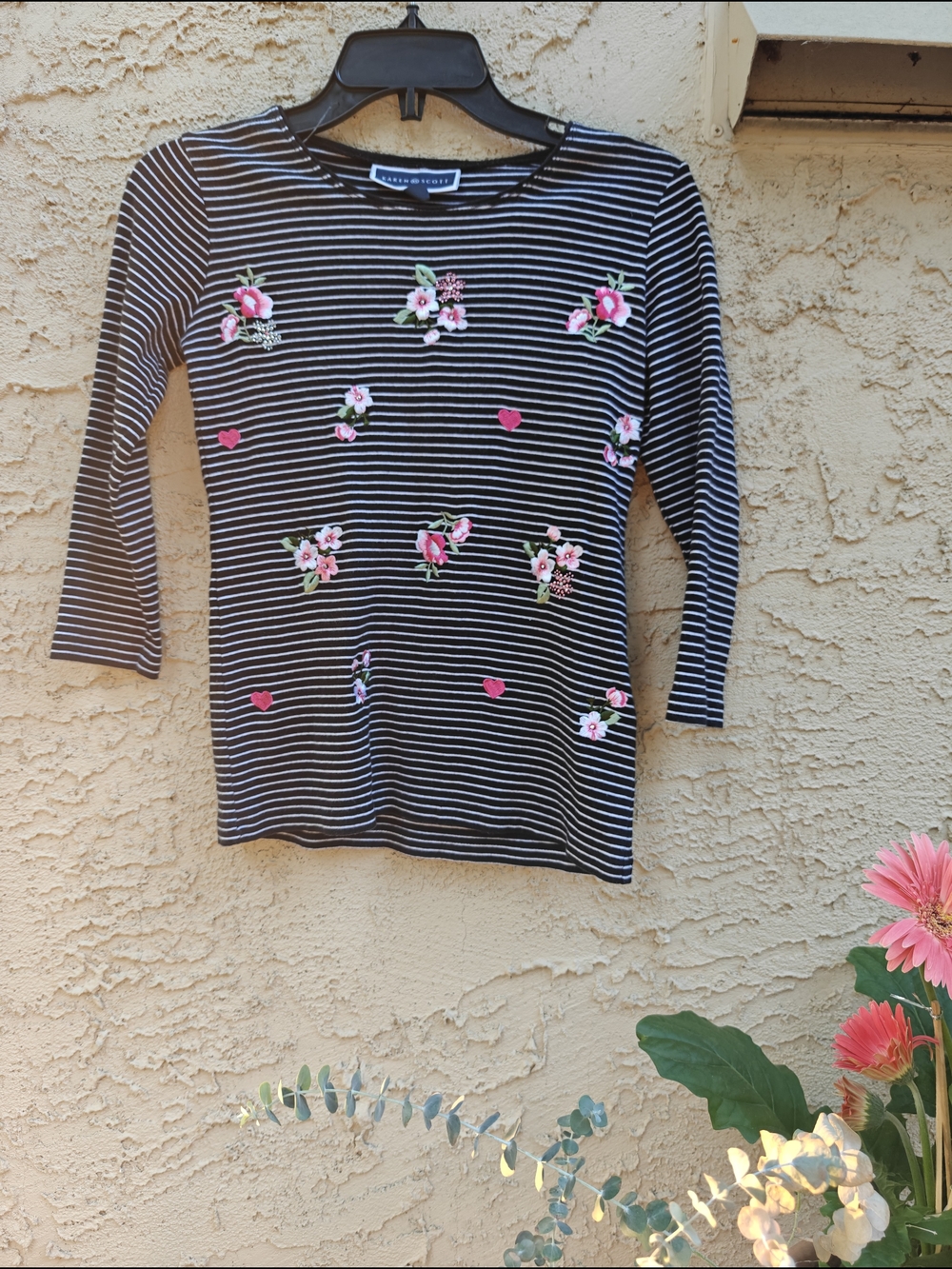KAREN SCOTT Navy & White Striped Floral Top - 3/4 Sleeve